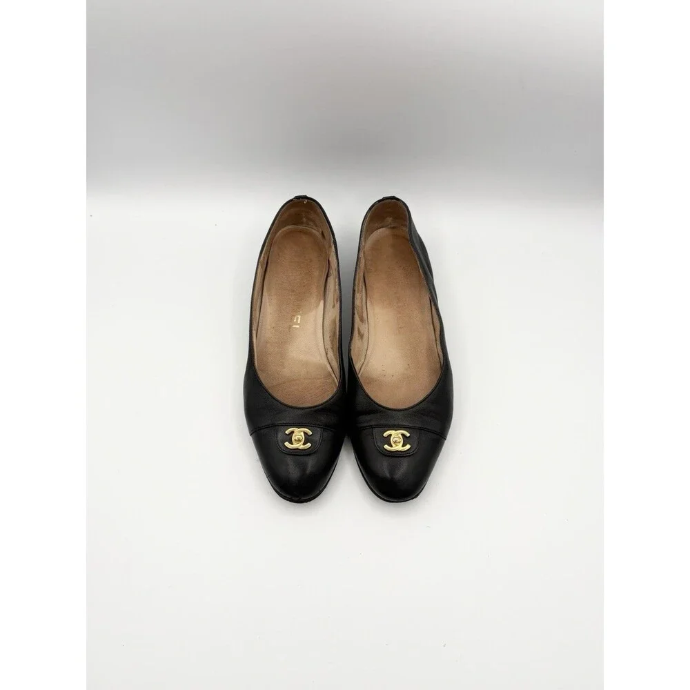 Chanel Black Leather Ballet Flats Gold CC Turnlock Size EU 37